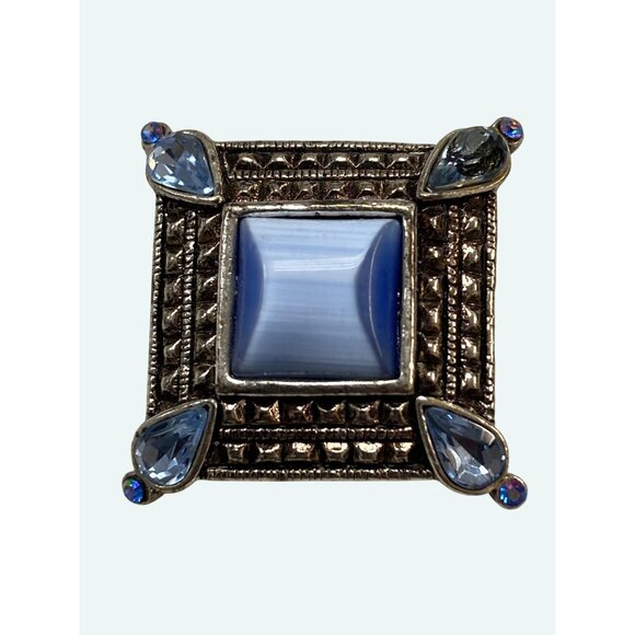 Vintage Silver Tone Square Brooch With Blue Glass Cabochon & Teardrop Rhinestone - Picture 3 of 5